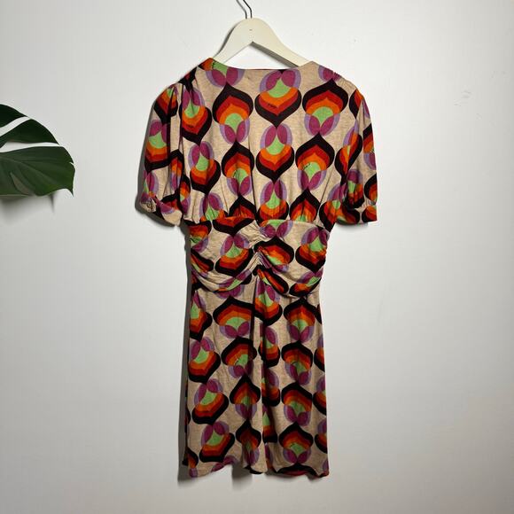 T-Bags Dress Women S Cream Brown Orange 70s Retro Geometric Mini Psychedelic - Picture 2 of 8